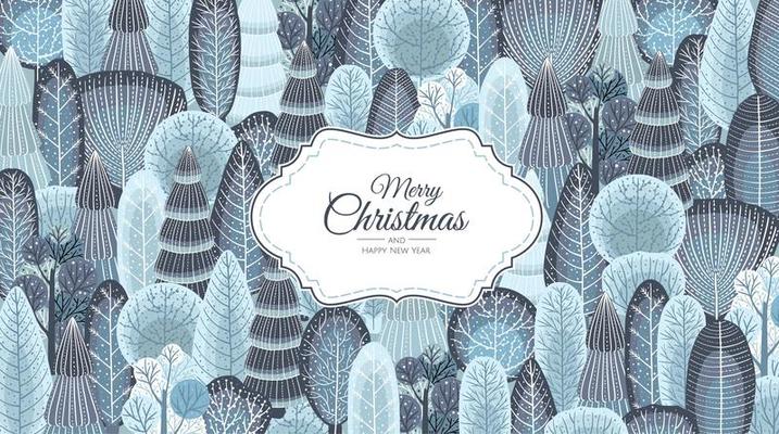Abstract background with winter forest. Trees, bushes, snow. Trendy hand drawn textures.