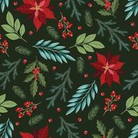 Seamless pattern with Christmas Tree Decorations, Pine Branches, poinsettia, berries. vector