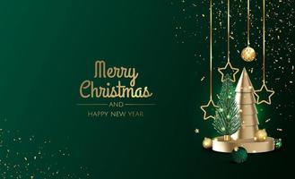 3D circle podium display with Christmas tree. Winter holiday background. vector