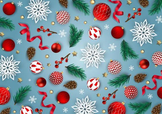 Merry Christmas and Happy New Year. Xmas Festive background with realistic 3d objects, blue and gold balls.