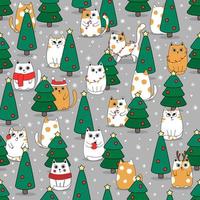 Christmas Seamless pattern background cute kittens in snow for winter. Doodle style vector