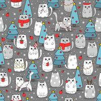 Seamless Pattern Winter Cute Cats, Cartoon Animals Background, Vector Illustration