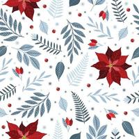 Seamless pattern with Christmas Tree Decorations, Pine Branches, poinsettia, berries. vector