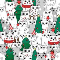 Christmas Seamless pattern background cute kittens in snow for winter. Doodle style vector