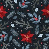 Seamless pattern with Christmas Tree Decorations, Pine Branches, poinsettia, berries. vector