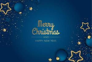 Merry Christmas and Happy New Year greeting card. Christmas holiday background with fir tree, snowflakes, balls. vector