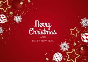 Feliz navidad y próspero año nuevo. Fondo festivo de Navidad con objetos 3d realistas, bolas blancas y doradas. vector