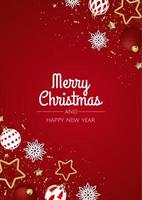 Christmas vector background. Greeting card, banner, poster. Top view xmas decoration balls and snowflakes.