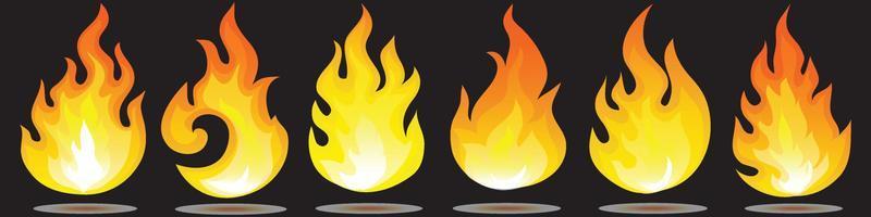 Fire flame icon set, flame icon set, Set of fire flame icons and logo isolated on black background. vector
