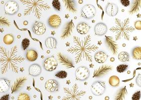Feliz navidad y próspero año nuevo. Fondo festivo de Navidad con objetos 3d realistas, bolas azules y doradas. vector