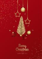 Feliz Navidad y feliz año nuevo ilustración de vacaciones. Diseño navideño con objetos vectoriales 3d realistas, bola navideña dorada, copo de nieve, confeti dorado brillante. vector