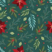patrón sin fisuras con adornos para árboles de Navidad, ramas de pino, flor de pascua, bayas. vector