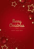 Fondo de vector de Navidad. tarjeta de felicitación, pancarta, póster. vista superior bolas de decoración de Navidad y copos de nieve.