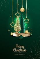 3D circle podium display with Christmas tree. Winter holiday background. vector