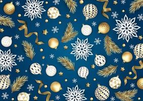 Merry Christmas and Happy New Year. Xmas Festive background with realistic 3d objects, blue and gold balls. vector