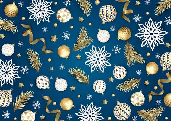 Merry Christmas and Happy New Year. Xmas Festive background with realistic 3d objects, blue and gold balls.