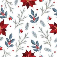 Seamless pattern with Christmas Tree Decorations, Pine Branches, poinsettia, berries. vector