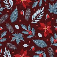 Seamless pattern with Christmas Tree Decorations, Pine Branches, poinsettia, berries. vector