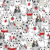 Seamless pattern background cute cat in snow for winter. Doodle style. Can be used for Christmas design. vector