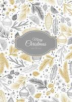 Merry Christmas and Happy New Year greeting card. Christmas holiday background with fir tree, snowflakes, balls. vector