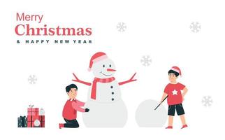 vector illustration of making a snowman. two kids playing snowman making on Christmas day