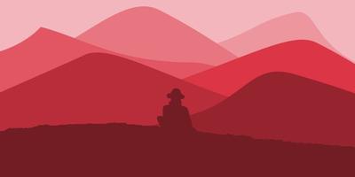 ilustración vectorial de un hombre sentado en una colina con vistas a una hermosa montaña. amanecer y atardecer en las montañas. vector