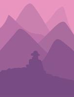 ilustración vectorial de un hombre sentado en una colina con vistas a una hermosa montaña. amanecer y atardecer en las montañas. vector