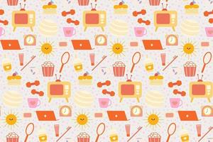 Seamless repeating pattern with cozy household items. Morning and evening routine. Vector illustration.