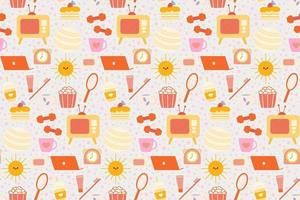 Seamless repeating pattern with cozy household items. Morning and evening routine. Vector illustration.