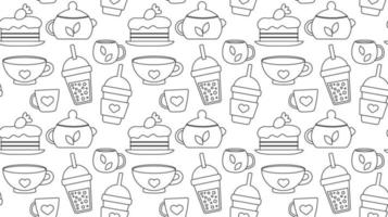Seamless repeating pattern with drinks and desserts for cafe menu. Print for a shop with tea and coffee and a hot drink. Vector illustration.