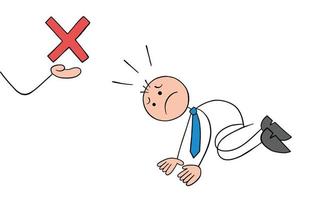 Problem, stickman businessman was rejected and very upset, hand drawn outline cartoon vector illustration.