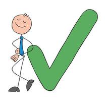 Approve, stickman businessman leaning on check mark and happy, hand drawn outline cartoon vector illustration