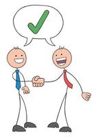 Approve, stickmen businessmen shake hands and they get along and they're so happy, hand drawn outline cartoon vector illustration.