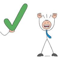 Approve, stickman businessman was approved and very happy, hand drawn outline cartoon vector illustration