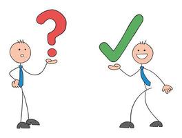 Approve, stickman businessman is holding a question mark and has a problem. The other man brings him a solution, hand drawn outline cartoon vector illustration.