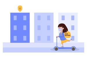 una niña anda en scooter por la ciudad entregando comida. ilustración vectorial. vector