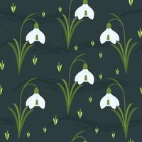 Seamless pattern with snowdrops and leaves. Vector illustration for children, surface design.