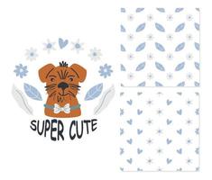 Cute dog with a bow. Two simple seamless patterns for childish clothes, surface design. Vector illustration.