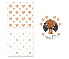 Cute dog in hearts. Two simple seamless patterns for childish clothes, surface design. Vector illustration.