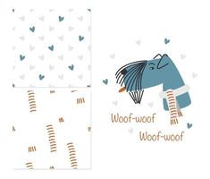 lindo perro en una bufanda. dos patrones simples sin costuras para ropa infantil, diseño de superficies. ilustración vectorial. vector