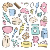 Set of baking doodle. Mixer, butter, flour, spoon, whisk in sketch style.  Hand drawn vector illustration isolated on white background.