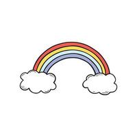 Rainbow with clouds Doodle sketch style.  Hand drawn vector illustration isolated on white background.