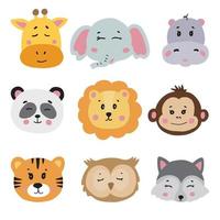 Set of cute animal faces. Hand drawn characters. Vector illustration isolated on white background.