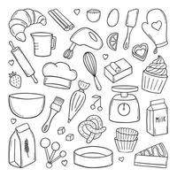 Set of baking doodle. Mixer, butter, flour, spoon, whisk in sketch style.  Hand drawn vector illustration isolated on white background.