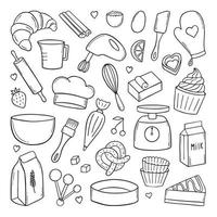 Set of baking doodle. Mixer, butter, flour, spoon, whisk in sketch style.  Hand drawn vector illustration isolated on white background.