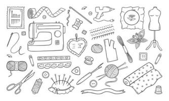 conjunto de doodle de costura y costura. máquina de coser, botones, tijeras, alfileres y carretes de hilo. Ilustración de vector dibujado a mano aislado sobre fondo blanco.