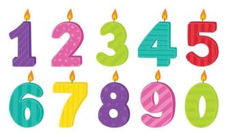 Set of Birthday candle numbers with burning flames in cartoon style. Hand drawn vector illustration isolated on white background.