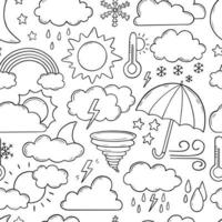 Seamless pattern of weather doodle. Sun, moon, cloud, rainbow, wind, star, lightning, snowflake, thermometer in sketch style.  White seamless background. Hand drawn vector illustration.