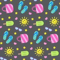 Summer seamless pattern, colorful elements on dark board. Smiling sun, bag, sunglasses, and ice creams. Vector illustration in flat style. Print for textile, wrapping paper, design and decor