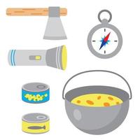 Set of touristic and camping equipment. Compass, axe, flashlight, pot with food, matches box and canned food. Things for active vacations. Luggage icons for travel, journey and hike vector